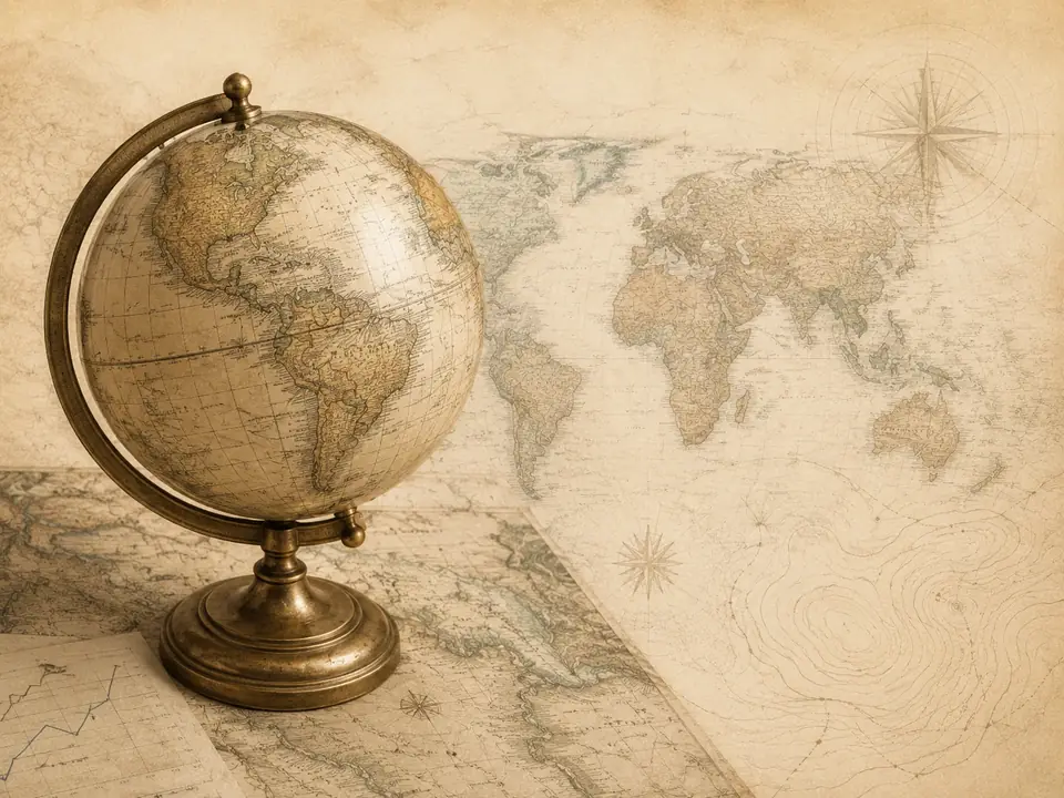Antique globe over a historical map representing wealth systems